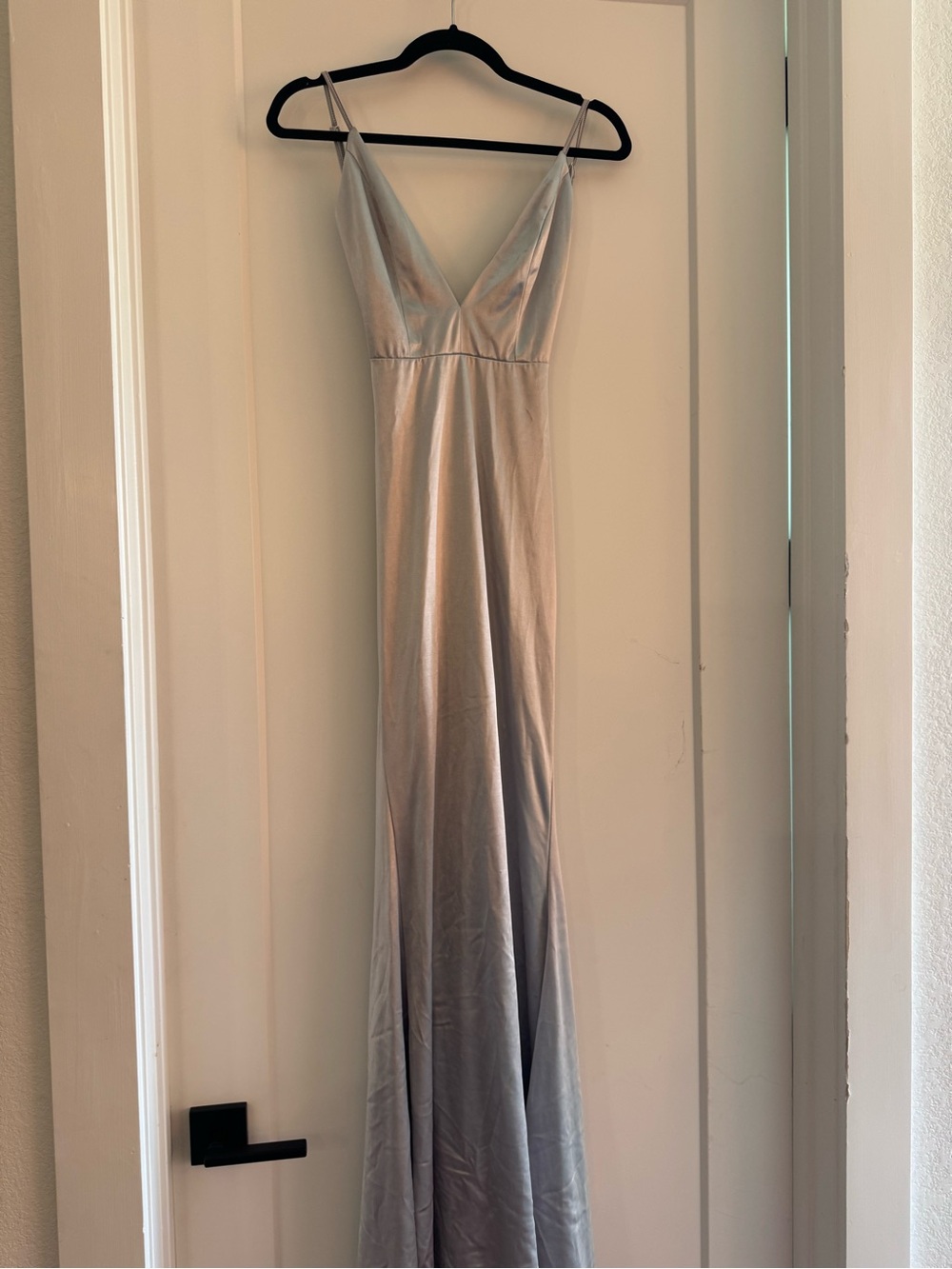 Silver Satin V-Neck Spaghetti Strap Evening Dress